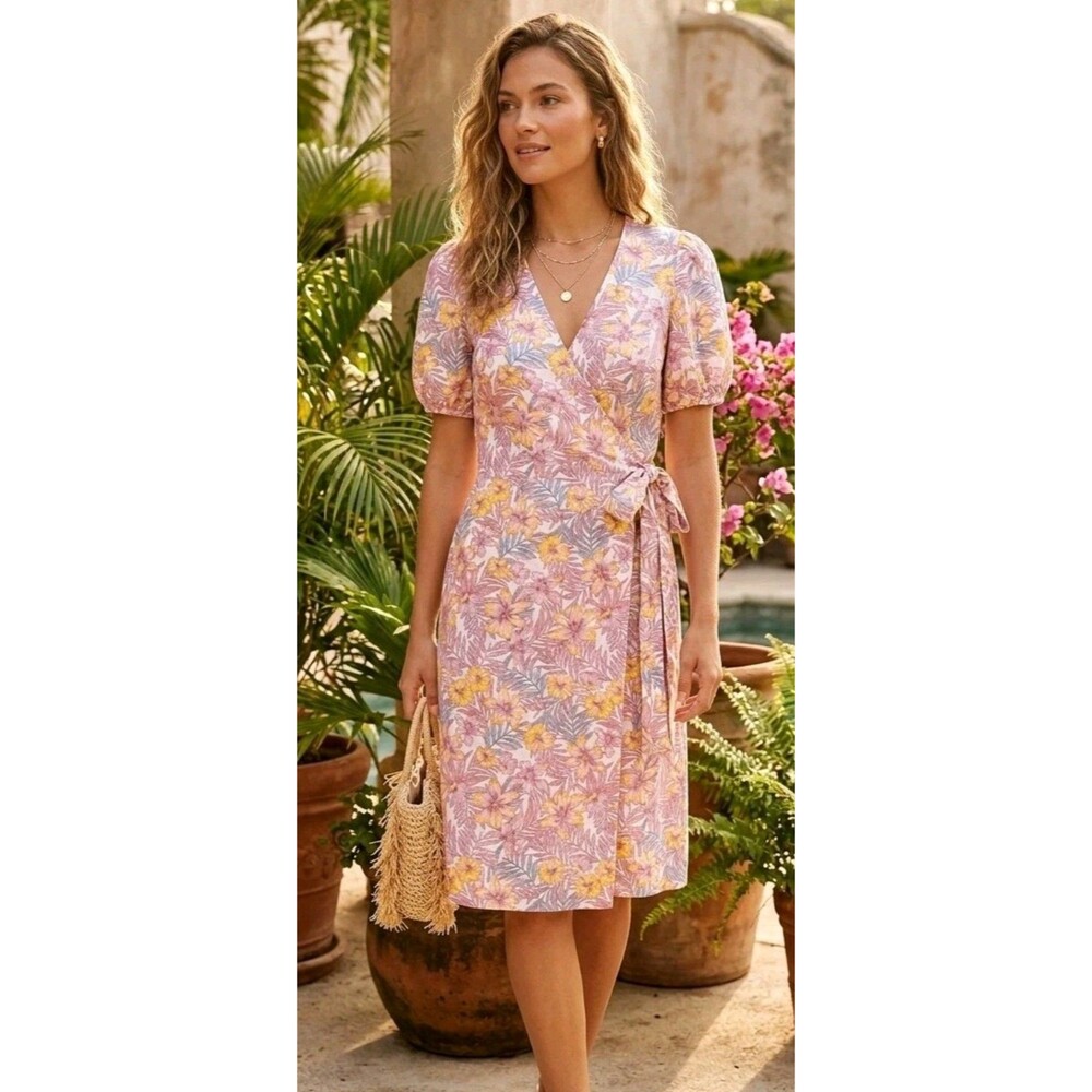 Draper James Rhonda Wrap Dress 14 Pink Tropical Short Sleeve Linen Hawaiian 0103